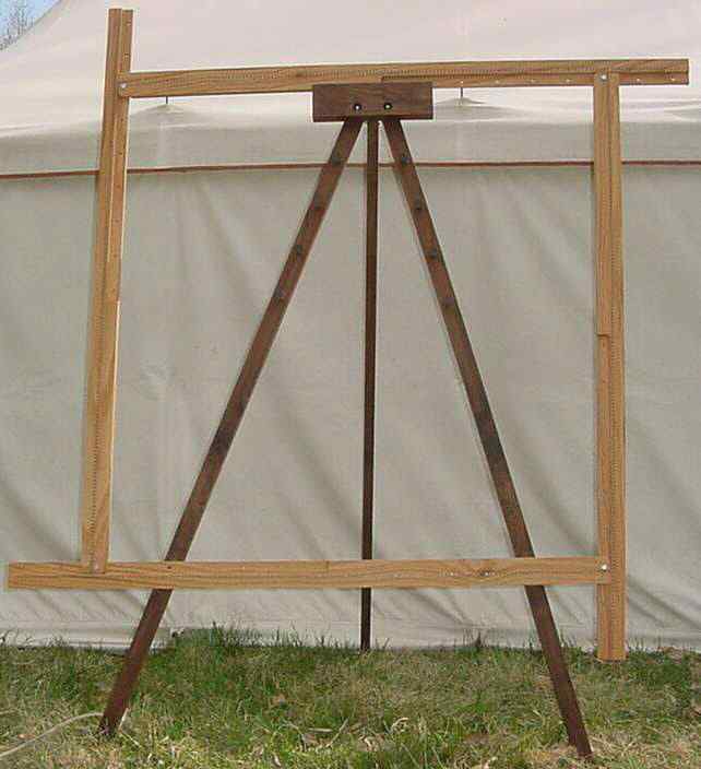 A Spriggs 5' Adjustable Square Frame Loom on a folding tripod Loom Stand. Click for larger images and more information.